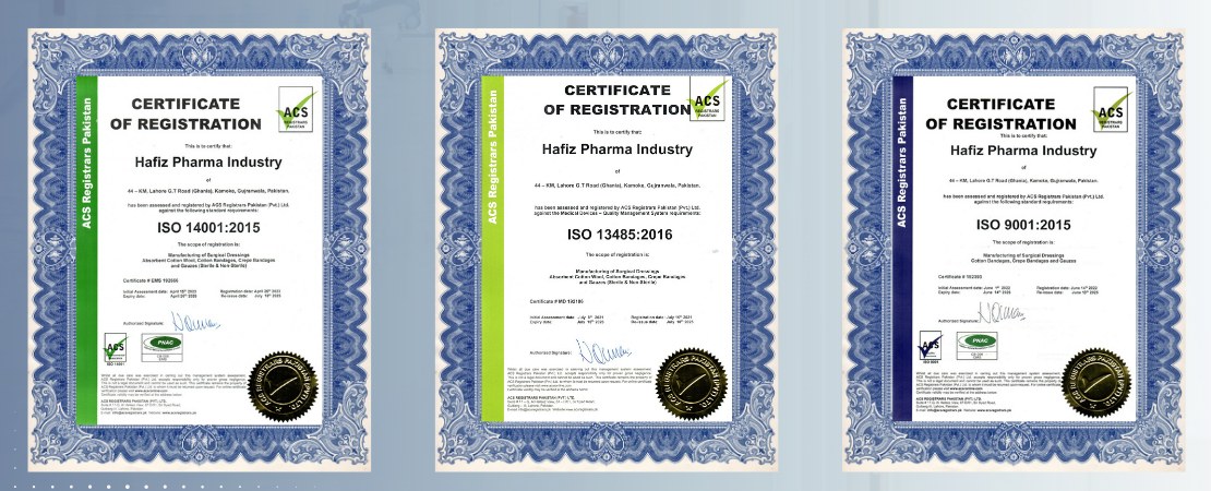 ISO 14001, ISO 13485 and ISO 9001 certificates