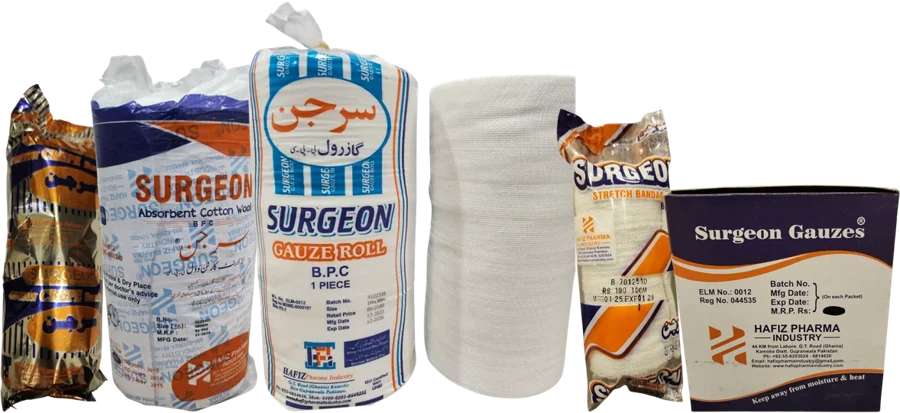 Surgeon gauze roll, cotton wool, crepe and stretch bandages and gauze swabs